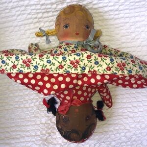 VINTAGE TOPSY TURVY Rag,Oil Cloth Faces 9.5” in. Handmade With Yarn Hair.